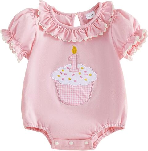 Baby Girl First Birthday Outfit Puff Short Sleeve Romper Bodysuit 1 Cake Embroidery Cake Smash Jumpsuit Clothes in Saudi Arabia