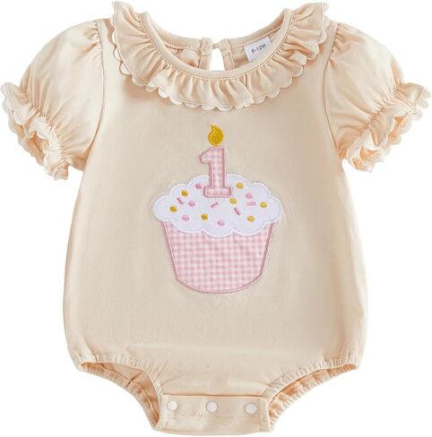 Baby Girl First Birthday Outfit Puff Short Sleeve Romper Bodysuit 1 Cake Embroidery Cake Smash Jumpsuit Clothes in Saudi Arabia