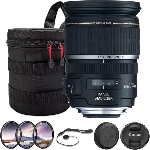 عدسة Canon EF-S 17-55mm f/2.8 هي عدسة USM | تكبير قياسي APS-C احترافي بفتحة ثابتة f/2.8 وتثبيت الصورة البصرية والتركيز البؤري التلقائي USM السريع | للصور والأحداث (1242B002) + طقم التصفية + المزيد in Kuwait