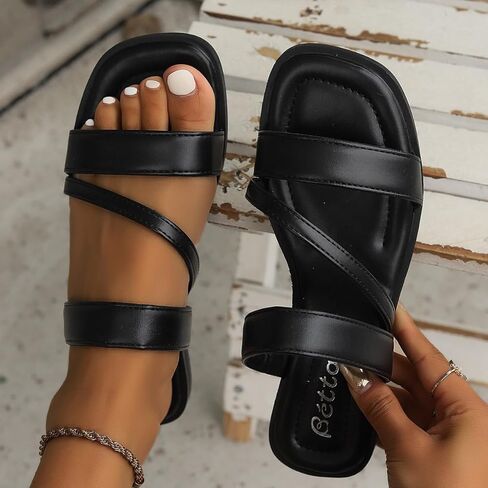 Women's Summer Flat Sandals Retro Square Toe Open Toe Slides Casual Beach Shoes for Women Comfortable Slip-On Sandals in Kuwait