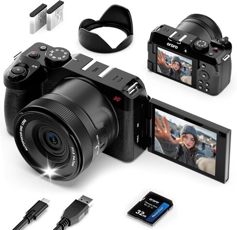 ORDRO 5K Digital Cameras for Photography -Auto Focus 80MP Video Cameras for YouTube, 18X Zoom Travel Camera with 180° Flip Screen, 2 Batteries, Lens Hood & 32GB Card in Kuwait