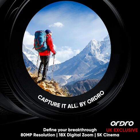 ORDRO 5K Digital Cameras for Photography -Auto Focus 80MP Video Cameras for YouTube, 18X Zoom Travel Camera with 180° Flip Screen, 2 Batteries, Lens Hood & 32GB Card in Kuwait