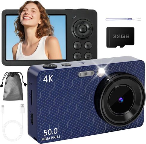4K Digital Camera, 64MP Autofocus Point and Shoot Digital Camera with 18 Zoom, Anti Shake, 32GB Card, Portable Compact Travel Cameras for Teens Adult Beginner with Metal Shell, 2.8" IPS Screen, Black in Kuwait