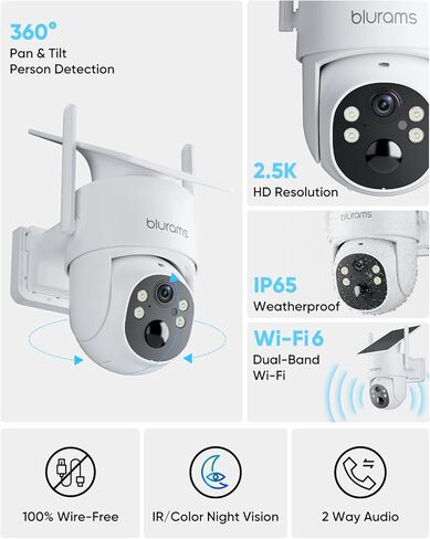 blurams 2.5K Pan/Tilt Security Cameras Wireless Outdoor, 100% Wire-Free Outdoor Camera with Fixed Solar Panel, 360° View, Dual-Band WiFi 6, Human Detection, Color Night Vision, Work with Alexa, 2Pack in Saudi Arabia