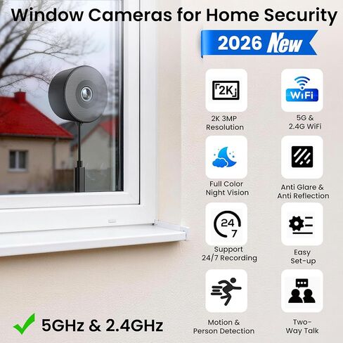2K 3MP Window Camera, 5GHz & 2.4GHz WiFi Dome Cameras for Home Security for Indoor & Outdoor Monitoring, with Full Color Starlight Night Vision, Motion/Human Detection, Easy Install, 24/7 Recording in Kuwait