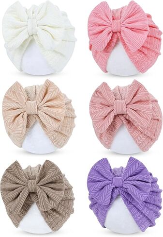 Cinaci 6 Pack Nursery Hospital Caps Bonnets Beanies Headwraps Turban Hats with Bow for Baby Girls Newborns Infants Toddlers in Kuwait