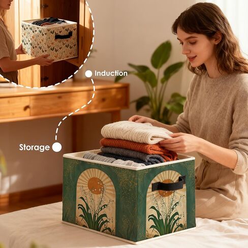 Emerald Green Boho Sun Lily of the Valley Storage Bins Box, Mystical Folk Flower Botanical Foldable Baskets Organizer with Handles for Bedroom Bathroom Home Clothes Toys Books in Saudi Arabia