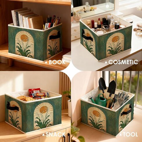 Emerald Green Boho Sun Lily of the Valley Storage Bins Box, Mystical Folk Flower Botanical Foldable Baskets Organizer with Handles for Bedroom Bathroom Home Clothes Toys Books in Saudi Arabia