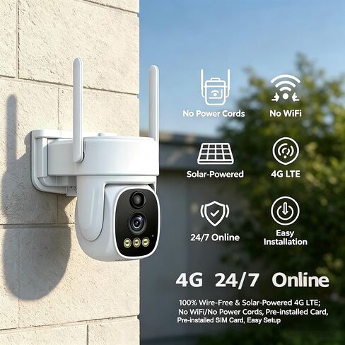 كاميرا أمان تعمل بالطاقة الشمسية 4G، كاميرا خارجية خالية من الأسلاك بنسبة 100% مع رؤية ليلية ملونة بدقة 2K HD، مقلاة/إمالة PTZ، كشف حركة PIR، صوت ثنائي الاتجاه، مقاومة للماء IP66، لا حاجة إلى WiFi in Kuwait