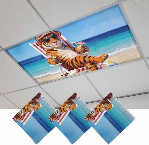 Funny Tiger Summer Beach Fluorescent Light Covers for Ceiling Lights 4x2 feet,4 Pack Magnetic Light Filters for Classroom,Blue Sand Vacations Fluorescent Lamp Shade Panel for Office School Drop Home in Kuwait