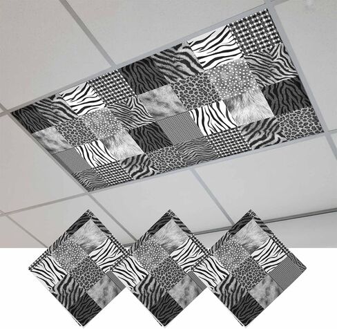 Animal Fur Print Fluorescent Light Covers for Ceiling Lights 4x2 feet,2 Pack Magnetic Light Filters for Classroom,Grey Black Giraffe Zebra Striped Plaid Fluorescent Lamp Shade Panel for Office School in Saudi Arabia