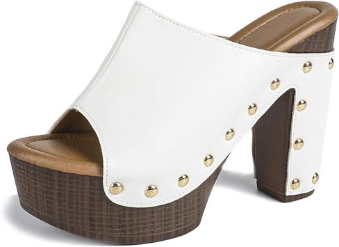 Women'S Leather Platform Stacked Heel Sandals Peep-Toe Fashion Rivet Slip On Chunky High Heels Slides Sandals For Casual Work Party in Kuwait