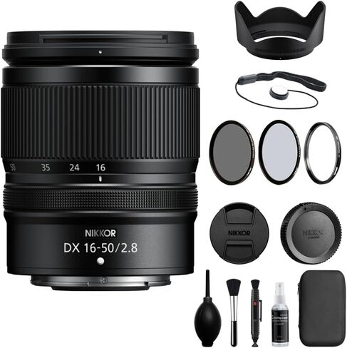 عدسة Nikon NIKKOR Z DX مقاس 16-50 مم f/2.8 VR متوافقة مع حزمة Z Mount (APS-C) مع فلاتر Tiffen UV وCP و1/8 Pro Mist + حافظة غطاء العدسة + طقم تنظيف فاخر + قطعة قماش للتنظيف (5 قطع) in Kuwait