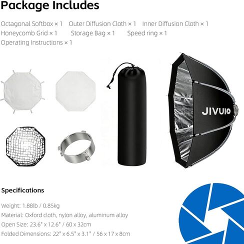 23.6"/60cm Octagonal Softbox, Quick Release Bowens Mount Softbox with Honeycomb Grid & Diffusers, Portable Deep Parabolic Light Modifier for Godox Aputure Amaran COB Video Light Studio Portrait in Kuwait
