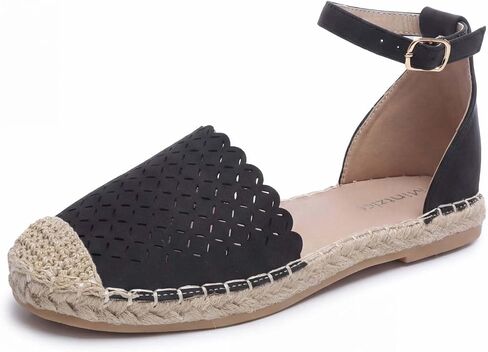 Mintzice Women's Cap-Toe Hollow Out Classic Ankle Strap Dressy Flat Espadrille Sandals in Kuwait