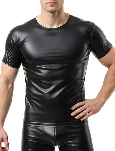 Panegy Men's Black Leather Tshirt Short Sleeve PVC Tunic & Sleeveless Tank Top M-XXL in Kuwait