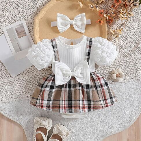 Baby Girl Plaid Dress Romper Outfit Puff Sleeve Ribbed Top Bow Suspender Skirt with Headband 2PCS Infant Clothes in Saudi Arabia