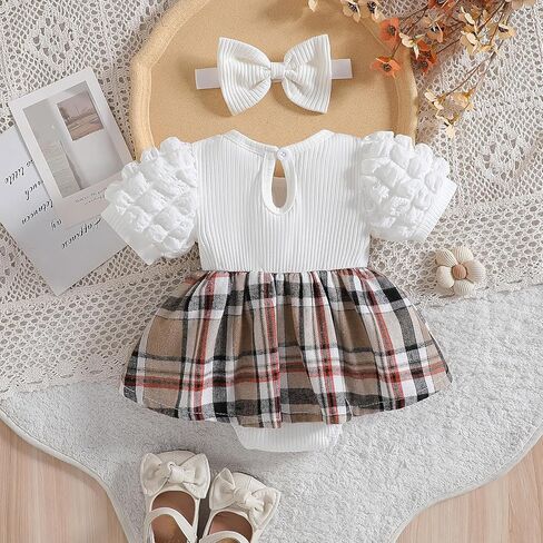 Baby Girl Plaid Dress Romper Outfit Puff Sleeve Ribbed Top Bow Suspender Skirt with Headband 2PCS Infant Clothes in Saudi Arabia