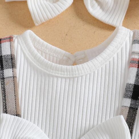 Baby Girl Plaid Dress Romper Outfit Puff Sleeve Ribbed Top Bow Suspender Skirt with Headband 2PCS Infant Clothes in Saudi Arabia