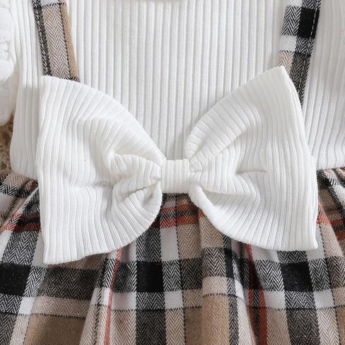 Baby Girl Plaid Dress Romper Outfit Puff Sleeve Ribbed Top Bow Suspender Skirt with Headband 2PCS Infant Clothes in Saudi Arabia
