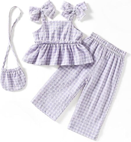 ChuYuKu Baby Girl Clothes Summer Spaghetti Strap Plaid Pants Set with Bag Cute Matching Outfits in Kuwait