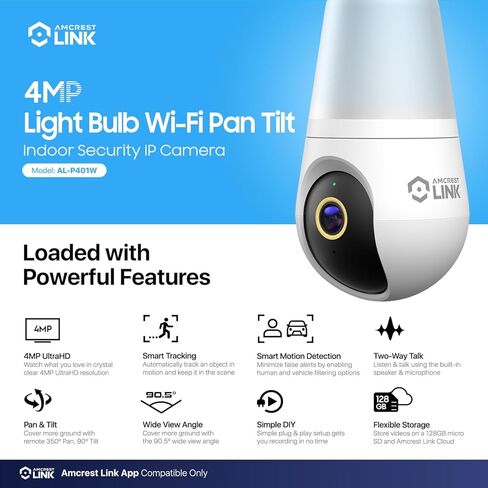 كاميرا Amcrest Link 4MP Light Bulb WiFi داخلية/خارجية، كشف الإنسان، 90.5 درجة FOV، عموم/إمالة، IP45، لون ليلي AI، كاميرا مزدوجة النطاق 2.4 جيجا هرتز/5 جيجا هرتز، تدعم تخزين MicroSD حتى 128 جيجابايت in Kuwait