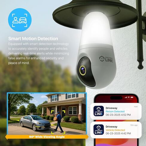 كاميرا Amcrest Link 4MP Light Bulb WiFi داخلية/خارجية، كشف الإنسان، 90.5 درجة FOV، عموم/إمالة، IP45، لون ليلي AI، كاميرا مزدوجة النطاق 2.4 جيجا هرتز/5 جيجا هرتز، تدعم تخزين MicroSD حتى 128 جيجابايت in Kuwait