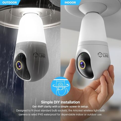 كاميرا Amcrest Link 4MP Light Bulb WiFi داخلية/خارجية، كشف الإنسان، 90.5 درجة FOV، عموم/إمالة، IP45، لون ليلي AI، كاميرا مزدوجة النطاق 2.4 جيجا هرتز/5 جيجا هرتز، تدعم تخزين MicroSD حتى 128 جيجابايت in Kuwait