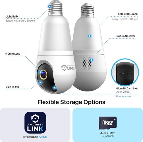 كاميرا Amcrest Link 4MP Light Bulb WiFi داخلية/خارجية، كشف الإنسان، 90.5 درجة FOV، عموم/إمالة، IP45، لون ليلي AI، كاميرا مزدوجة النطاق 2.4 جيجا هرتز/5 جيجا هرتز، تدعم تخزين MicroSD حتى 128 جيجابايت in Kuwait