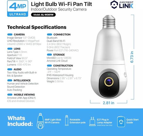 كاميرا Amcrest Link 4MP Light Bulb WiFi داخلية/خارجية، كشف الإنسان، 90.5 درجة FOV، عموم/إمالة، IP45، لون ليلي AI، كاميرا مزدوجة النطاق 2.4 جيجا هرتز/5 جيجا هرتز، تدعم تخزين MicroSD حتى 128 جيجابايت in Kuwait
