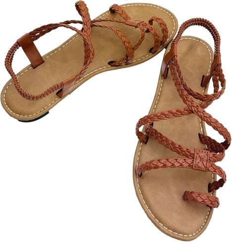 Women's Flat Slip On Lace Up Sandals Open Toe Comfortable Ankle Strap Raffia Gladiator Shoes in Kuwait