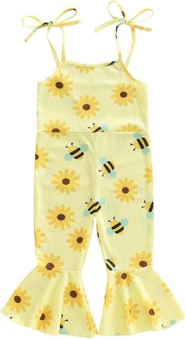 Emmababy Toddler Baby Girl Bell Bottom Romper Bee Overalls Floral Flare Pants Adjustable Strap Western Jumpsuit Kids Clothes in Kuwait