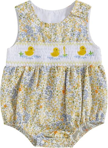 الوليد طفلة فقاعة رومبير Smocked Oufit بطة التطريز أكمام نيسيي الأزهار بذلة مزرعة ملابس الصيف in Kuwait