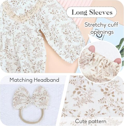 Baby Girls Long Sleeve Rompers And Headband Newborn Girl Bodysuit Doll Collar Jumpsuit One Piece Outfit in Saudi Arabia