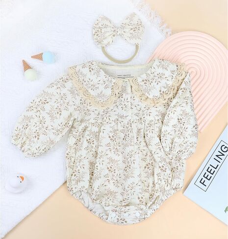 Baby Girls Long Sleeve Rompers And Headband Newborn Girl Bodysuit Doll Collar Jumpsuit One Piece Outfit in Saudi Arabia