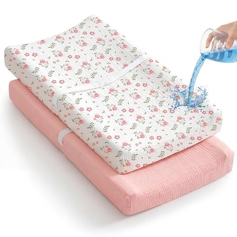 2 Pack Waterproof Muslin Changing Pad Cover with Safety Strap Hole, TPU Leakproof Protection Soft Muslin Baby Changing Table Covers for Boys & Girls, Fits 32" x 16" Changing Pad,Pink Blossom in Kuwait