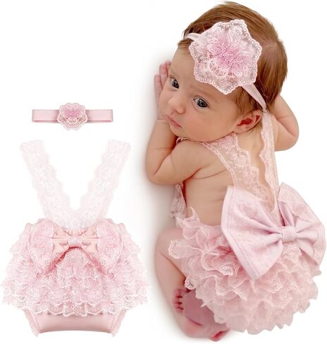 ForBaysy Newborn Photography Props Newborn Lace Romper Set with Matching Headband – Infant Baby Girl Outfit for Photoshoot in Kuwait