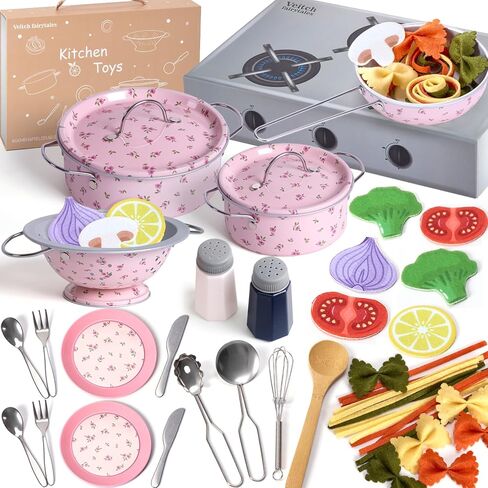 Kids Play Kitchen Toy Accessories Set Toddler Cooking Playset Vintage Colorful Flower Pots and Pans Play Foods Toy Gifts for 3 4 5 6 Year Old Girls Boys (Pink) in Kuwait