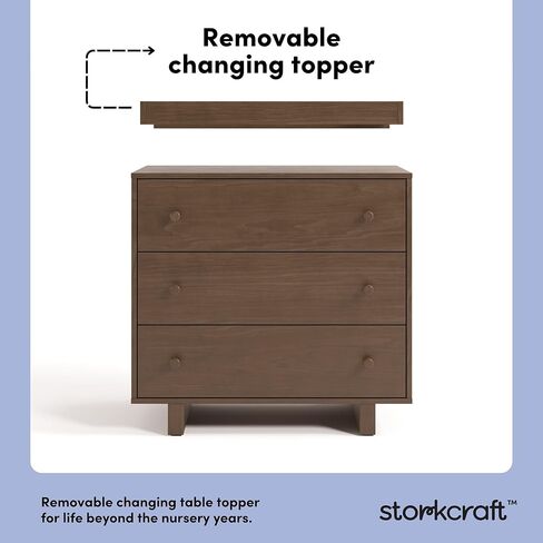 صندوق Storkcraft Texas ذو 3 أدراج مع غطاء طاولة تغيير قابل للإزالة (البندق) - خزانة أطفال معتمدة من GREENGUARD Gold، نظام أدراج متشابك لخزانة غرف نوم الأطفال والحضانة in Kuwait