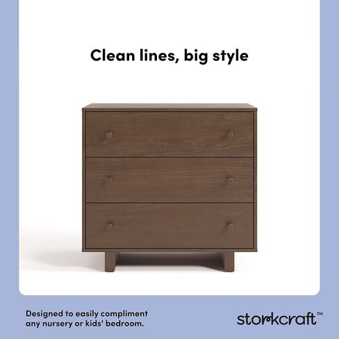 صندوق Storkcraft Texas ذو 3 أدراج مع غطاء طاولة تغيير قابل للإزالة (البندق) - خزانة أطفال معتمدة من GREENGUARD Gold، نظام أدراج متشابك لخزانة غرف نوم الأطفال والحضانة in Kuwait