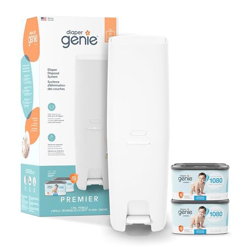 Diaper Genie Premier Diaper Pail Gift Set | Hands-Free Odor Control with Foot Pedal | High-Capacity Diaper Trash Can | Includes 2 Jumbo+ Refills (Holding up to 2,160 Newborn Diapers) in Kuwait