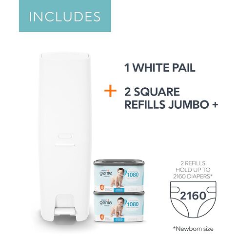 Diaper Genie Premier Diaper Pail Gift Set | Hands-Free Odor Control with Foot Pedal | High-Capacity Diaper Trash Can | Includes 2 Jumbo+ Refills (Holding up to 2,160 Newborn Diapers) in Kuwait