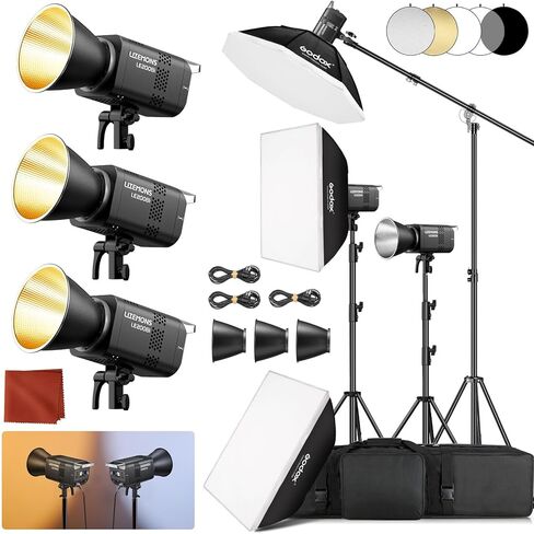 Godox 3Pack LE200Bi Light Kit wih Light Stand/Softbox/Carry Case/5-1 Reflector Bi-Color LED Professional Continuous Video Lighting Kit, CRI 98+, 2800K-6500K, 57700 Lux for Studio in Kuwait