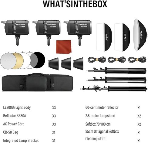 Godox 3Pack LE200Bi Light Kit wih Light Stand/Softbox/Carry Case/5-1 Reflector Bi-Color LED Professional Continuous Video Lighting Kit, CRI 98+, 2800K-6500K, 57700 Lux for Studio in Kuwait