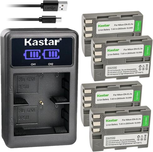 بطارية Kastar 4-Pack EN-EL3E وشاحن USB LED2 متوافق مع بطارية Nikon EN-EL3e، EN-EL3a، EN-EL3، Nikon MH-18، MH-18a، شاحن MH-19، Nikon MB-D10، MB-D80 مقبض بطارية in Kuwait