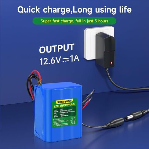 5600mAh 12V Lithium Battery, 12V Battery Pack with Battery Charger and Bare Leads Wire for 12V Devices RC Car,LED Strip,DIY Project,Electronic Organ,Optical Network Unit,CCTV Camera in Kuwait