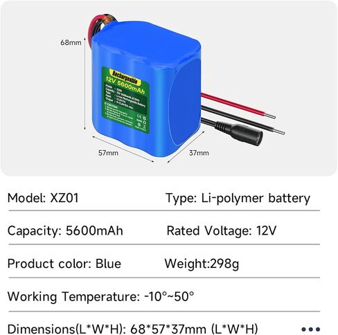 5600mAh 12V Lithium Battery, 12V Battery Pack with Battery Charger and Bare Leads Wire for 12V Devices RC Car,LED Strip,DIY Project,Electronic Organ,Optical Network Unit,CCTV Camera in Kuwait