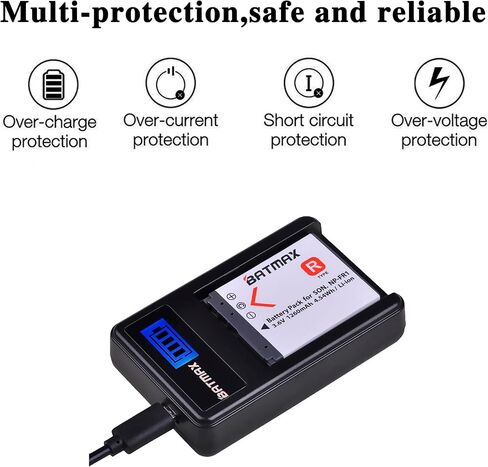 بطارية Batmax 2X 1260 مللي أمبير NP-FR1 NP FR1 + شاحن USB LCD لهاتف Sony NP-FR1؛ كاميرا سوني سايبر شوت DSC-F88،DSC-G1،DSC-P100،DSC-P100/LJ،DSC-P100/R،DSC-P120،DSCP150،DSC-P200،DSC-T30،DSC-T50،DSC-V3 كاميرا in Kuwait