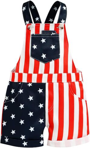 Infant Baby Girl Boy 4th of July Outfit American Flag Print Toddler Overalls Denim Bib Romper Jumpsuit with Pockets in Kuwait