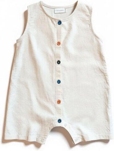 Organic Cotton UNISEX Baby Sleeveless Romper, Ivory and Turquoise in Kuwait